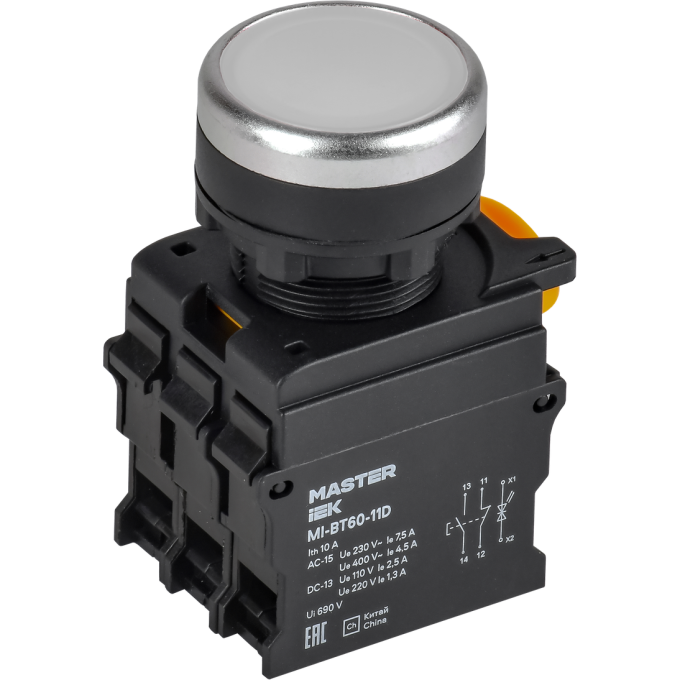 Кнопка с подсветкой IEK MASTER MI-BT60-11D-3-12-K01 d=22мм 1NO+1NC белая MI-BT60-11D-3-12-K001